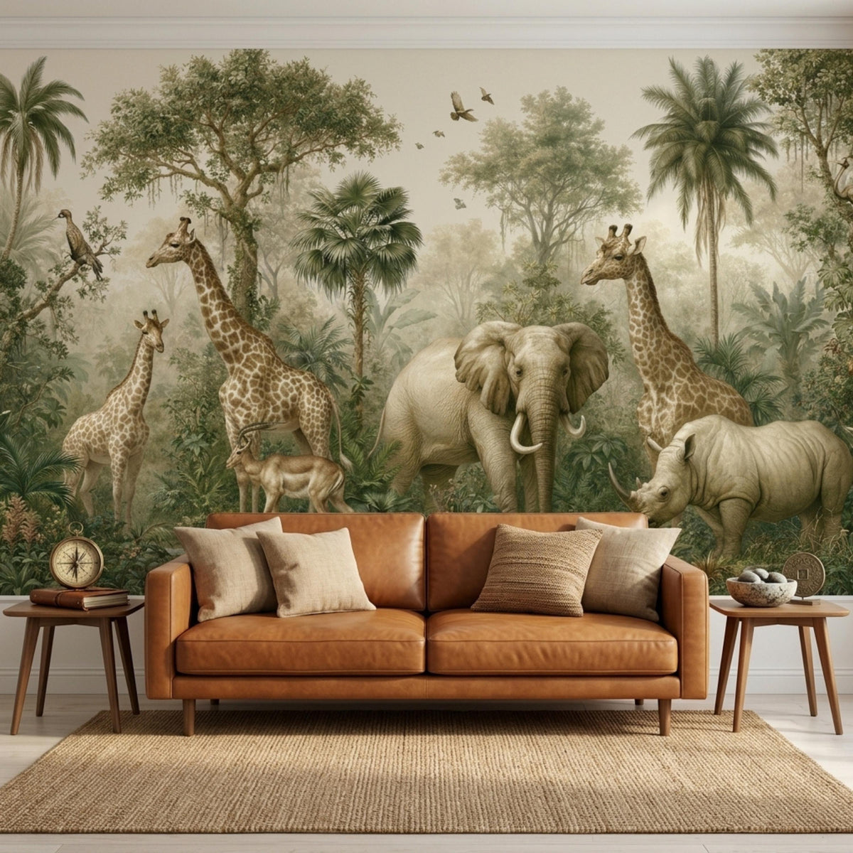 A living room features a tan leather sofa placed against a large wall mural depicting a safari scene with giraffes, an elephant, and a rhinoceros.