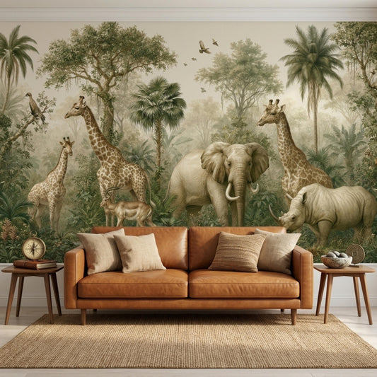 A living room features a tan leather sofa placed against a large wall mural depicting a safari scene with giraffes, an elephant, and a rhinoceros.