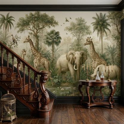 A dark staircase railing is positioned in front of a wall covered in a vintage safari mural showing wild animals amidst lush jungle vegetation.