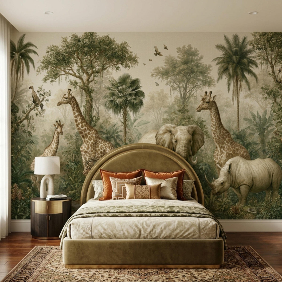A bedroom features an upholstered bed positioned against a large vintage jungle wall mural displaying giraffes, an elephant, and a rhinoceros.