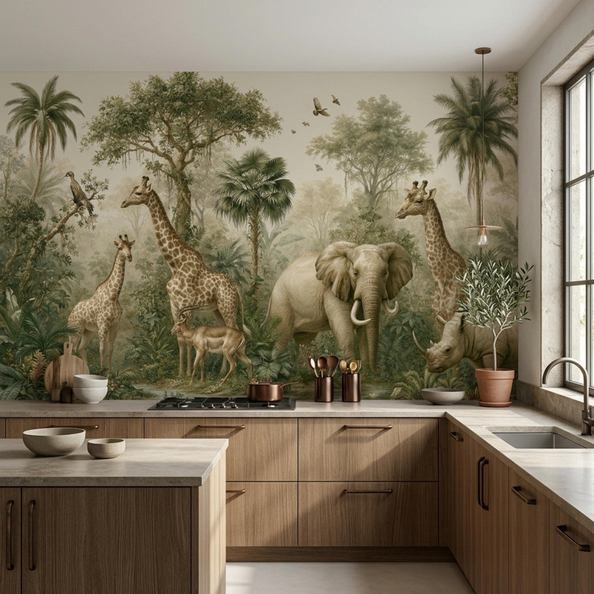 A kitchen with wooden cabinets and countertops is set against a large safari jungle mural featuring wild animals and palm trees.