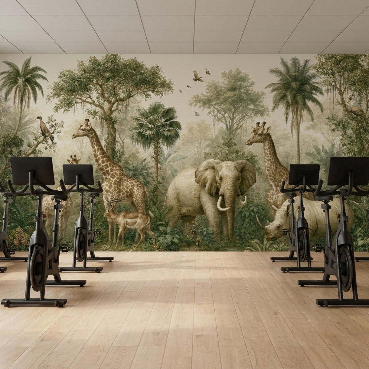 An exercise room with wooden flooring contains multiple stationary bikes facing a large vintage jungle mural on the back wall.