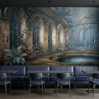 A large vintage greenhouse wall mural spans behind blue leather dining booths and tables with pendant lights hanging overhead.