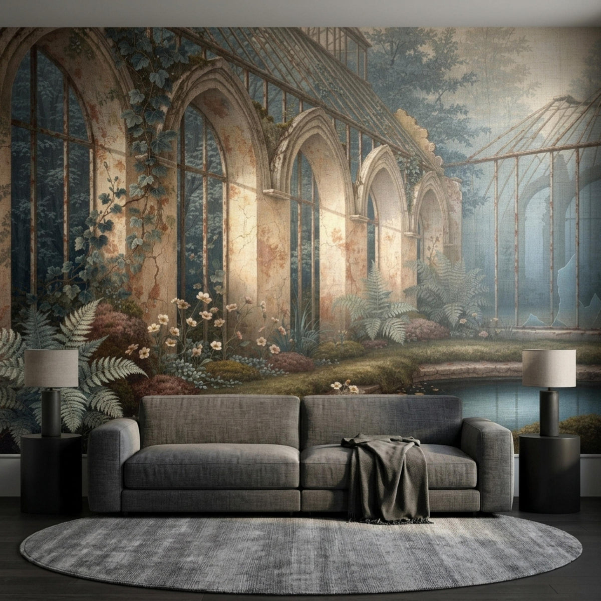 A dark academia greenhouse wall mural hangs behind a gray sofa and a circular gray rug, flanked by two matching black lamps.