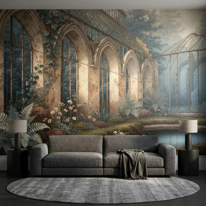 A dark academia greenhouse wall mural hangs behind a gray sofa and a circular gray rug, flanked by two matching black lamps.