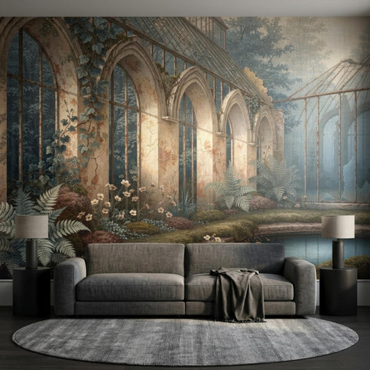 A dark academia greenhouse wall mural hangs behind a gray sofa and a circular gray rug, flanked by two matching black lamps.