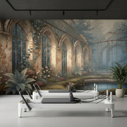 A vintage greenhouse wallpaper mural acts as a backdrop for two white pilates reformers on a gray floor with a potted plant.