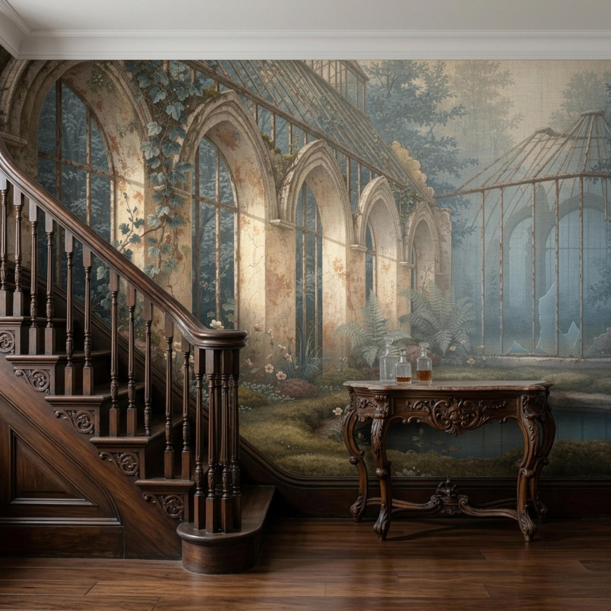 The vintage greenhouse wall mural is displayed on a wall next to a dark wooden staircase and a carved wooden console table.