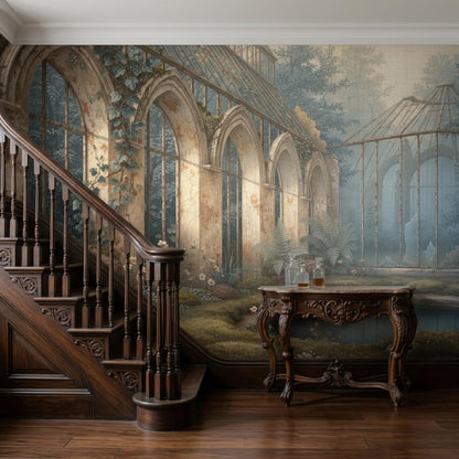 The vintage greenhouse wall mural is displayed on a wall next to a dark wooden staircase and a carved wooden console table.