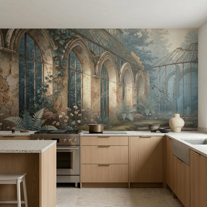 The botanical greenhouse wall mural covers the wall above a modern kitchen with light wood cabinets and a stainless steel stove.