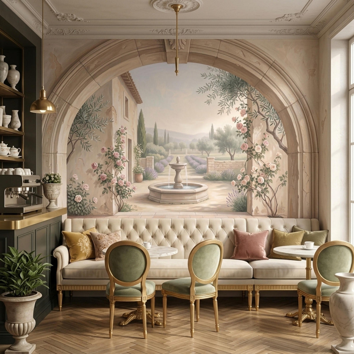 A tufted cream sofa and dining chairs are arranged in a room with a large arched mural of a Tuscan garden on the wall.