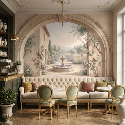 A tufted cream sofa and dining chairs are arranged in a room with a large arched mural of a Tuscan garden on the wall.