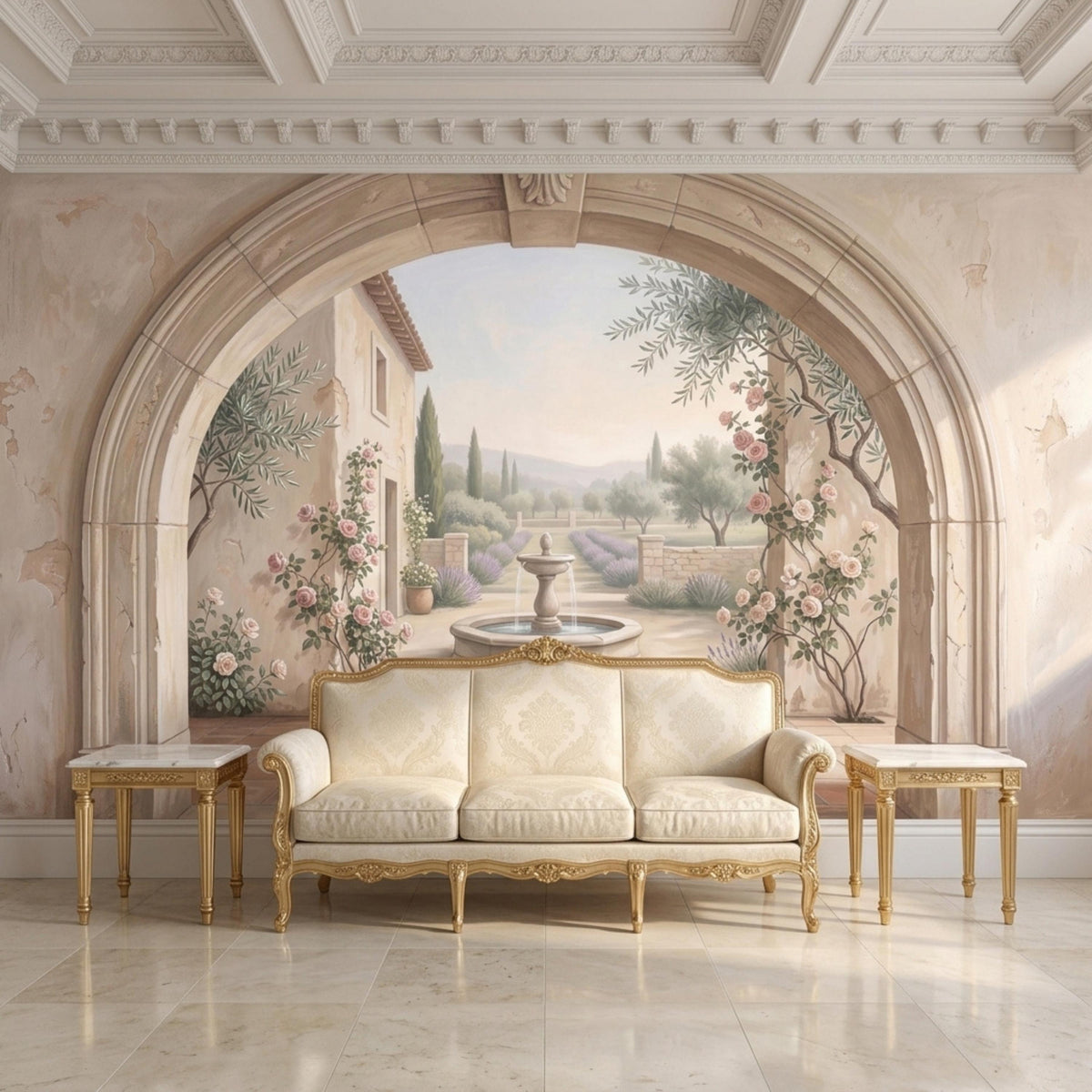A cream-upholstered wooden sofa and two small marble-topped side tables are placed before a large Tuscan garden archway wall mural.
