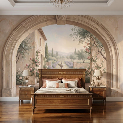 A dark wood bed frame and two matching nightstands sit against a wall featuring an expansive Tuscan garden mural within a stone arch.