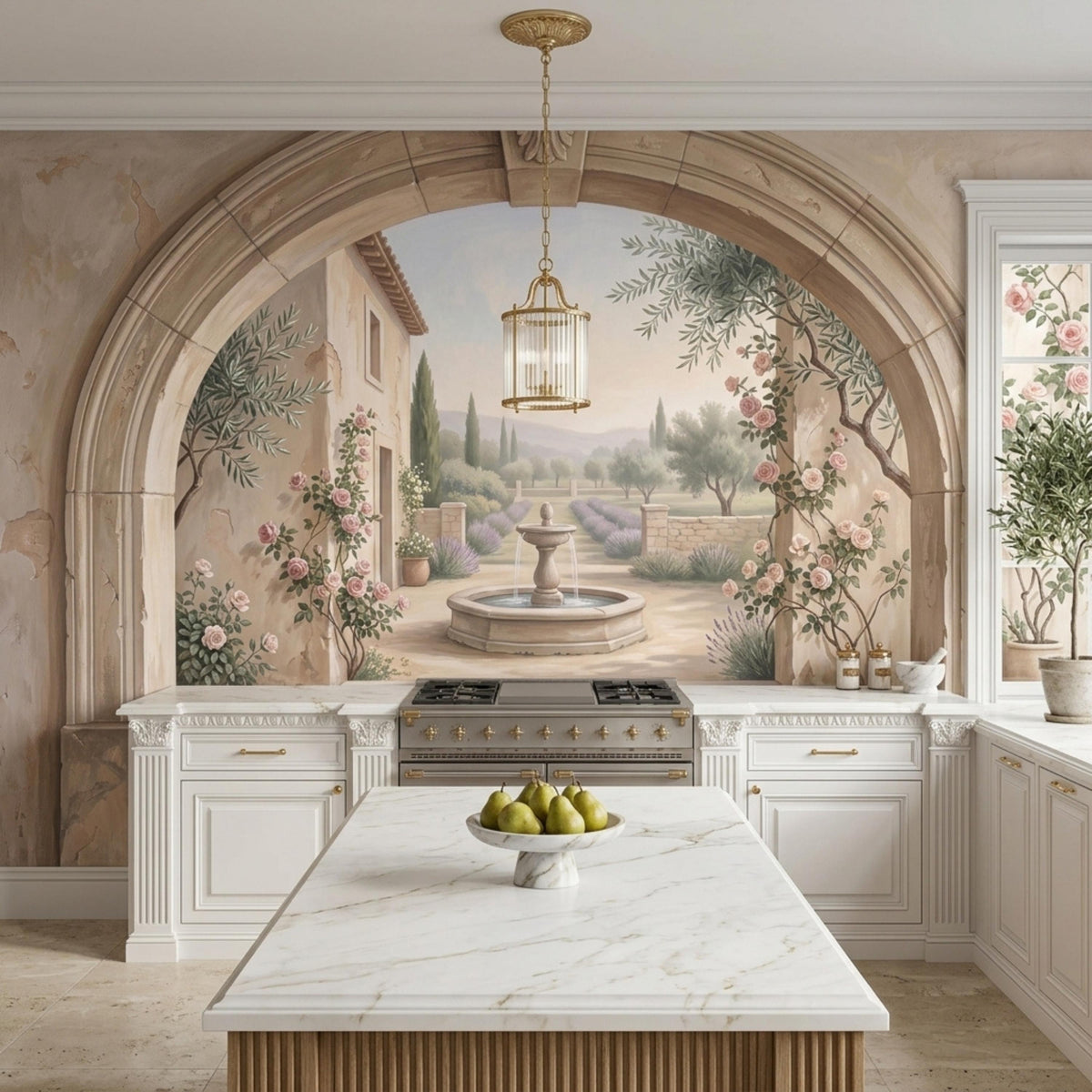 A kitchen island with a marble countertop and fruit bowl is set in front of a wall mural depicting an old-world Italian garden view.