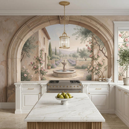 A kitchen island with a marble countertop and fruit bowl is set in front of a wall mural depicting an old-world Italian garden view.