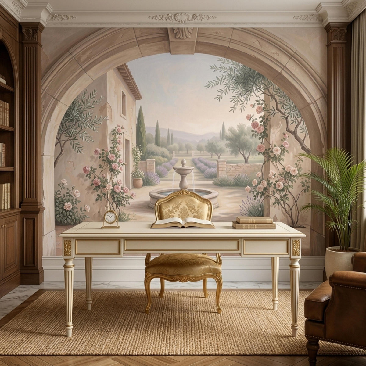 A classic wooden desk and armchair face a bookshelf and a large arched wall mural depicting an Italian villa and garden.