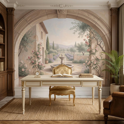 A classic wooden desk and armchair face a bookshelf and a large arched wall mural depicting an Italian villa and garden.