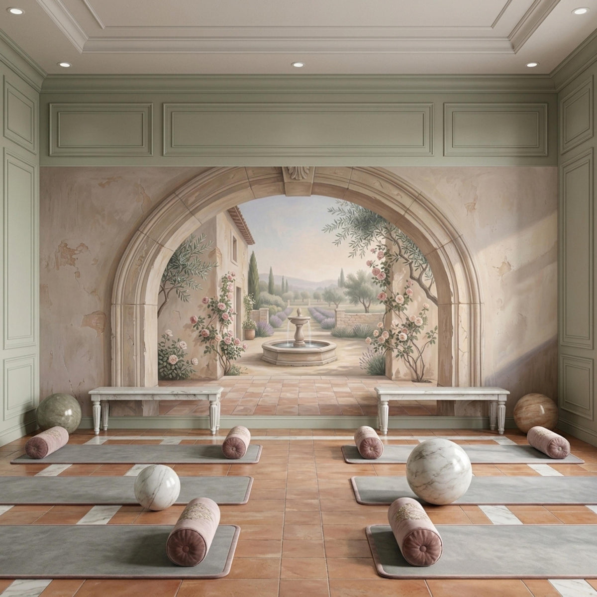 Yoga mats, round bolsters, and marble spheres are arranged on a terracotta-tiled floor in front of an Italian garden wall mural.