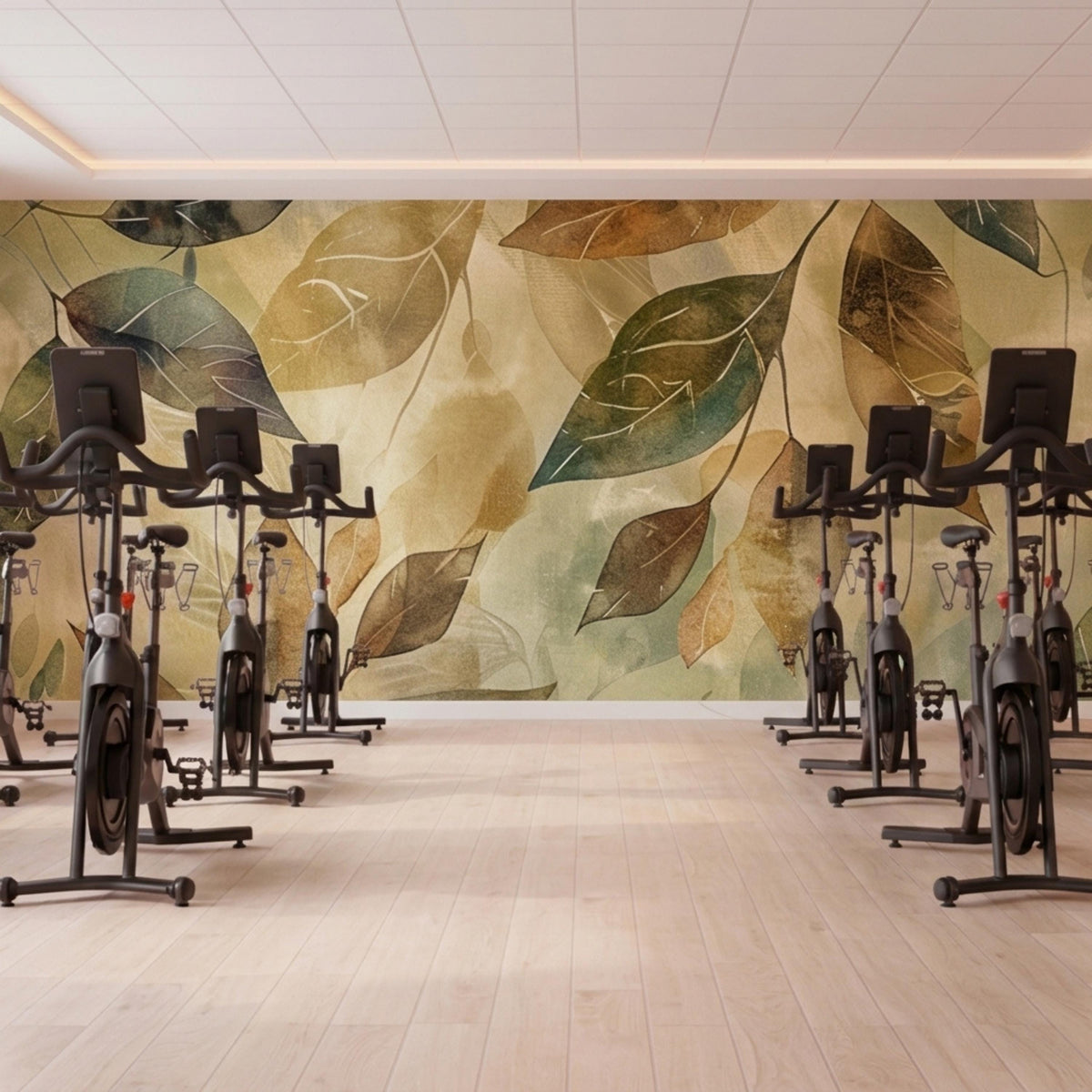 A gym or fitness studio has a large botanical watercolor leaf accent wall behind several black stationary bikes on a wood floor.