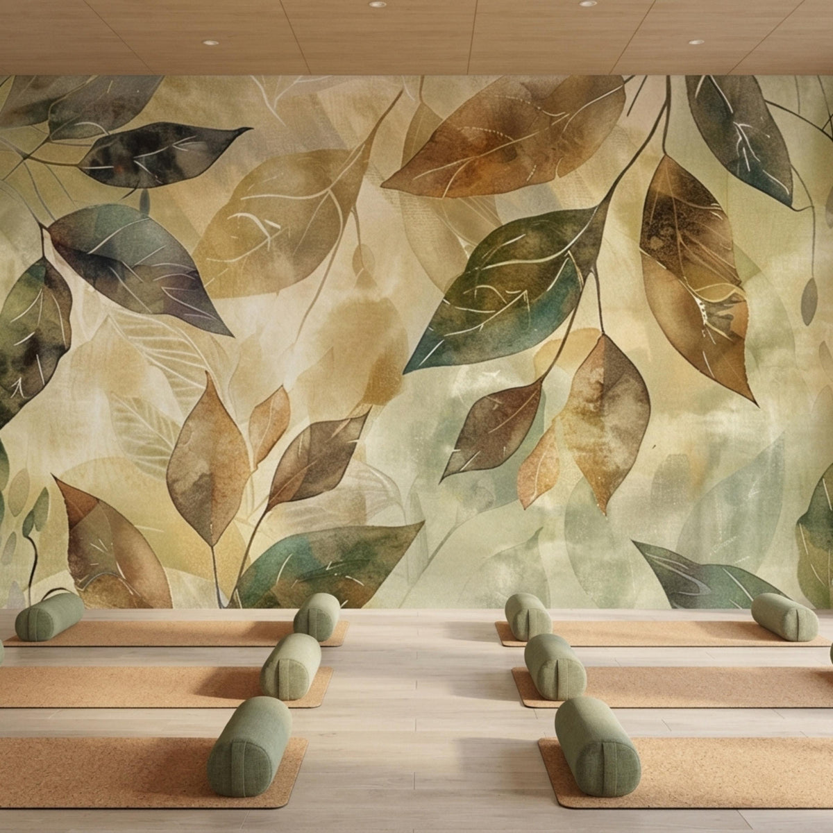 A wellness studio features yoga mats and cylindrical bolsters arranged on a wood floor in front of a large-scale botanical watercolor leaf wallpaper mural.