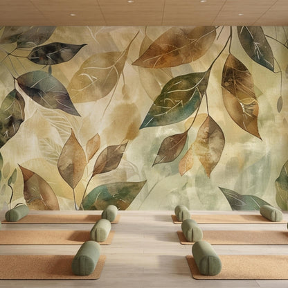 A wellness studio features yoga mats and cylindrical bolsters arranged on a wood floor in front of a large-scale botanical watercolor leaf wallpaper mural.