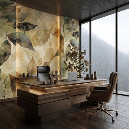 A home office features a dark wood desk with a laptop, a brown leather office chair, and a floor-to-ceiling botanical watercolor leaf mural.