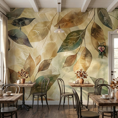 A restaurant or dining room shows several small tables with chairs and wooden tabletops set against a large-scale watercolor leaf wallpaper mural.