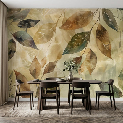 A dining table and chairs are positioned in front of a large-scale botanical watercolor leaf wallpaper mural.