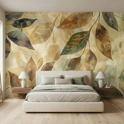 A bedroom features a platform bed with neutral bedding, two wall-mounted nightstands with lamps, and a botanical watercolor leaf wallpaper mural.
