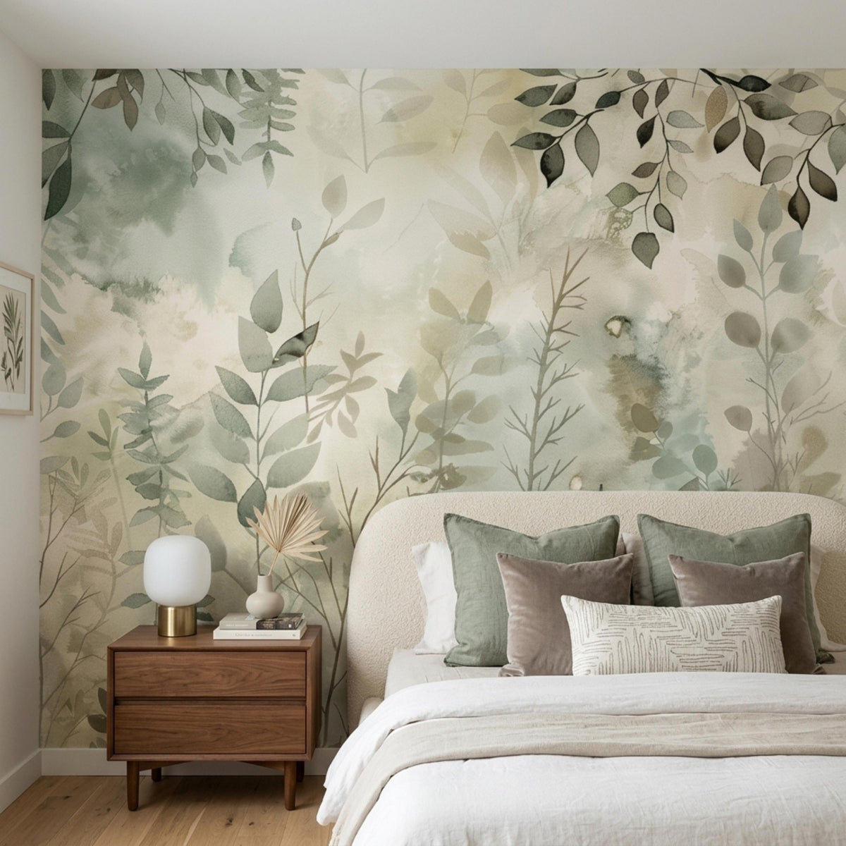 A bedroom features a cream upholstered bed and a wooden nightstand against a sage green botanical watercolor wall mural.