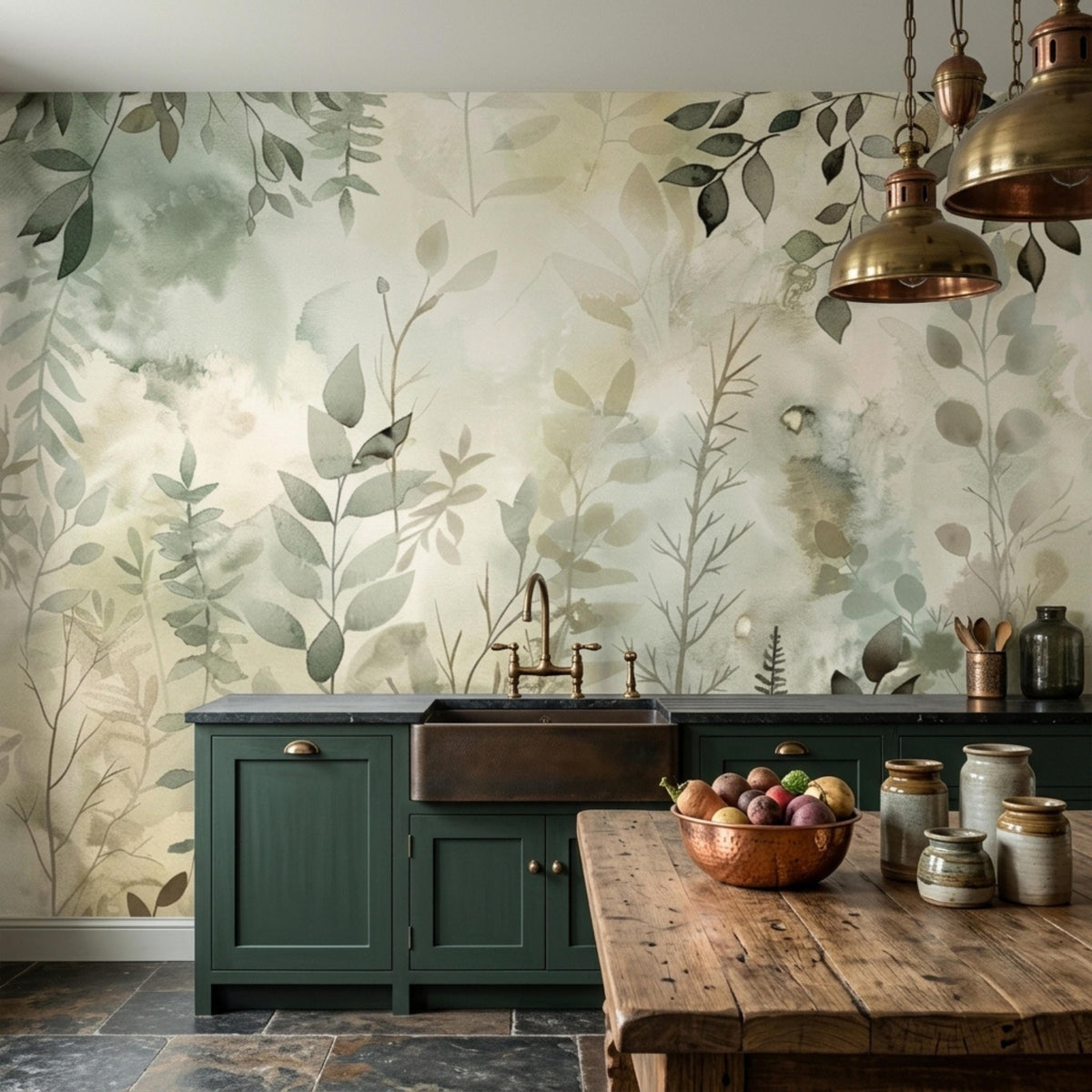 A kitchen with dark green cabinets and a wooden table sits against a sage green botanical watercolor wall mural.