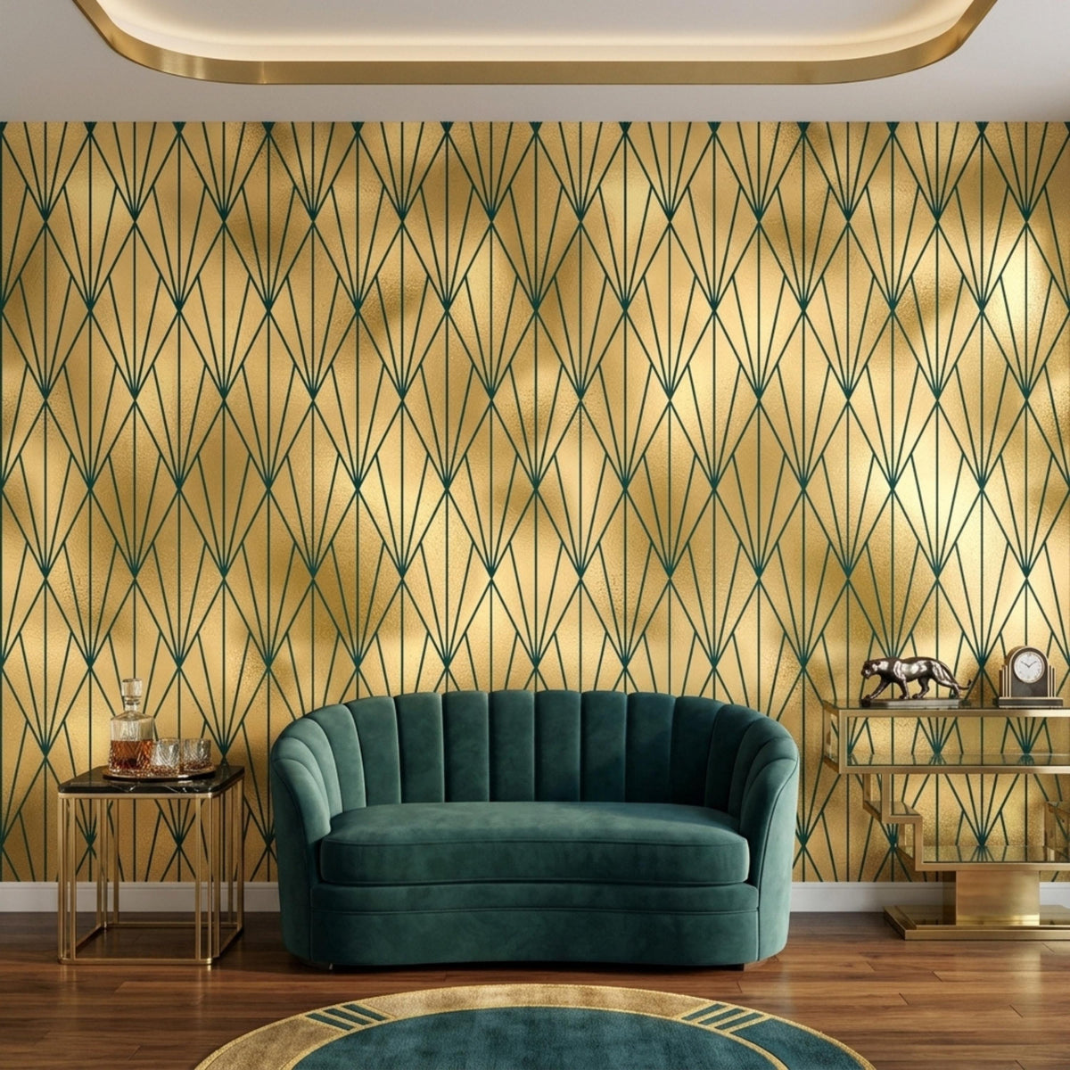 A living room features gold and dark green art deco geometric wallpaper behind a teal velvet sofa and gold side tables.