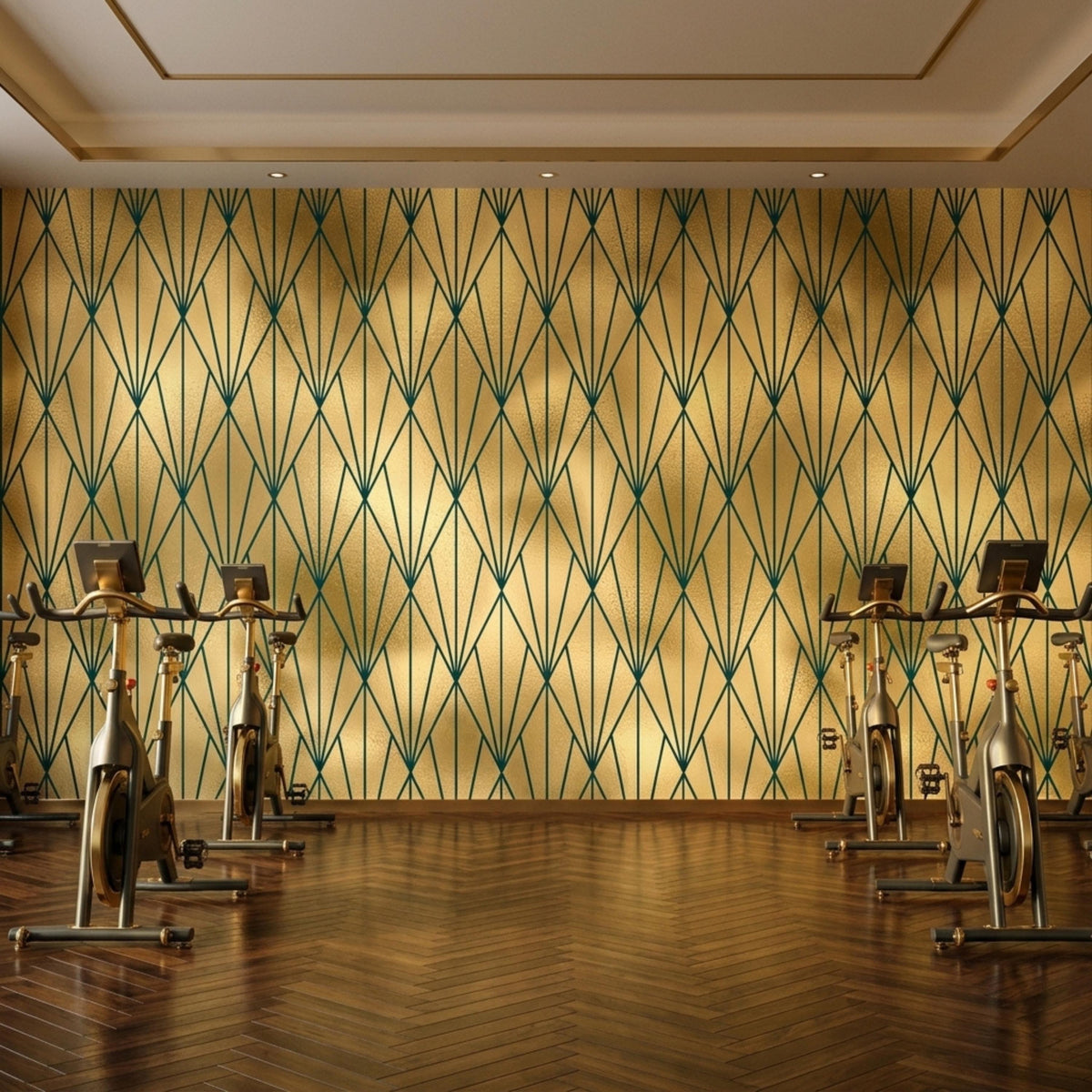 A gym features several stationary exercise bikes positioned on a wood floor in front of gold and dark green art deco geometric wallpaper.