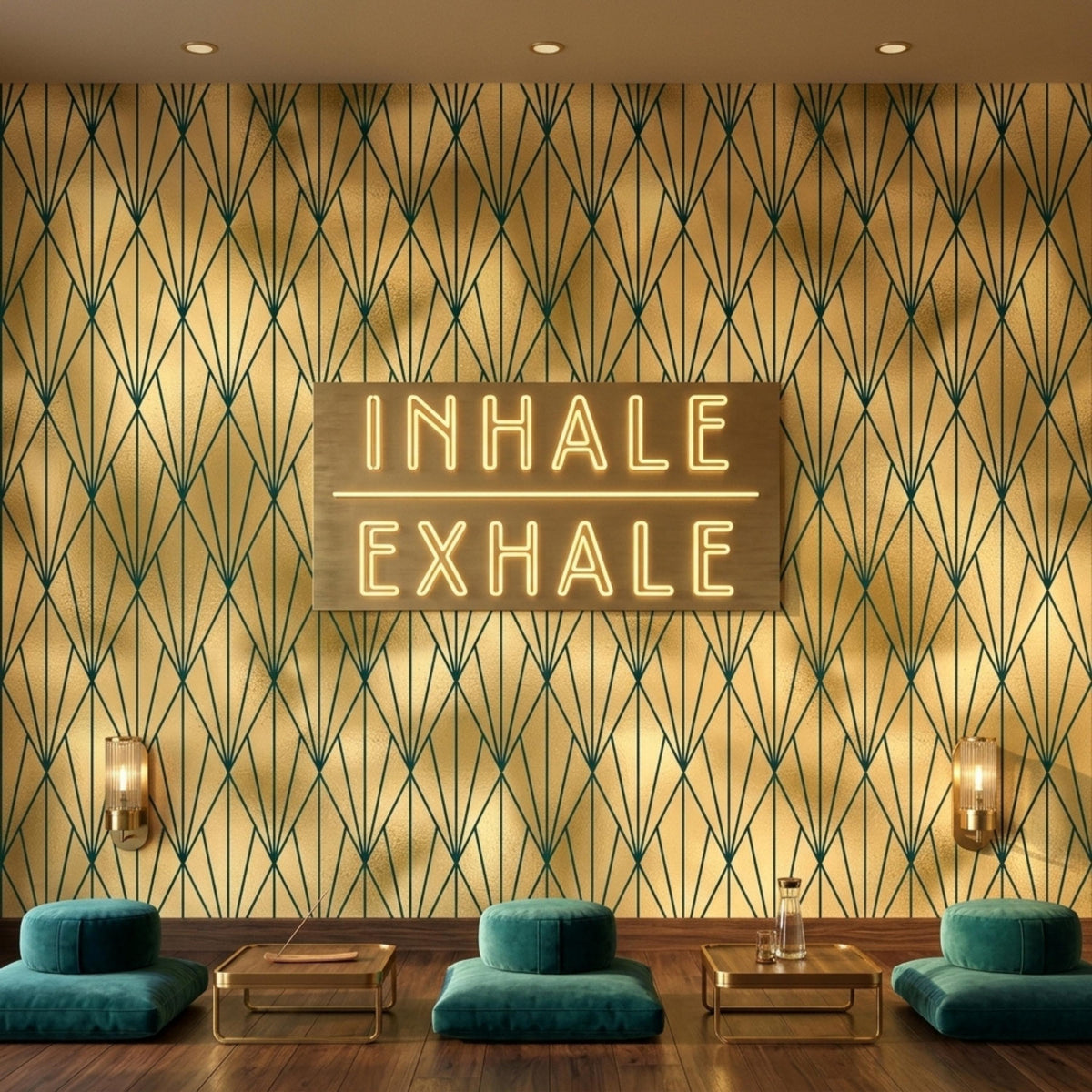 A meditation space features low teal floor cushions and small gold tables beneath a glowing neon sign that reads inhale exhale on gold and dark green art deco geometric wallpaper.