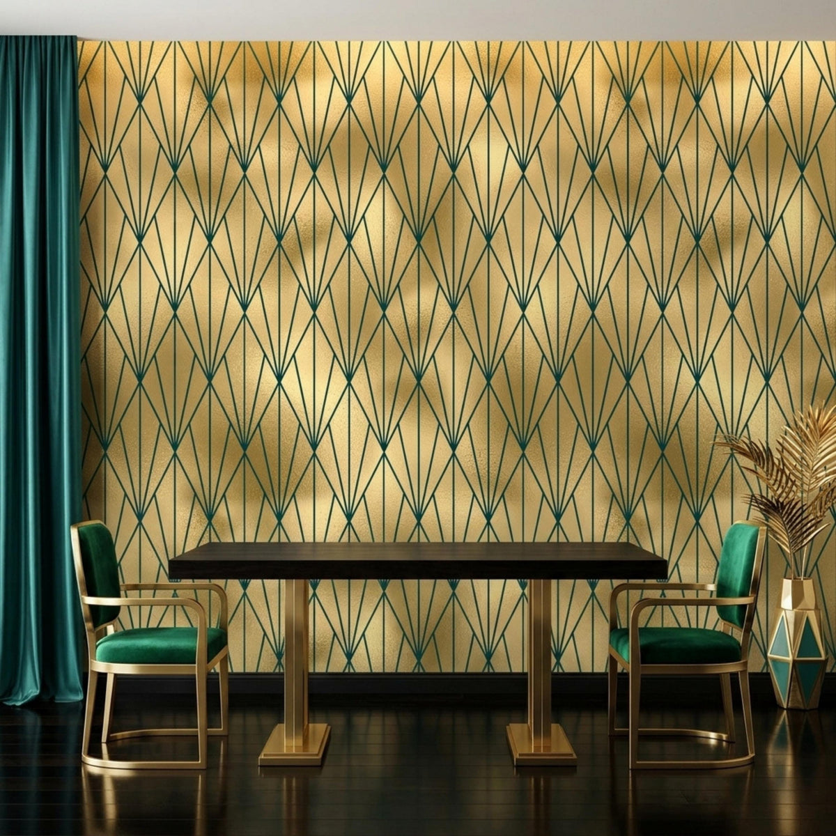 A dining room features a dark wood table with green velvet chairs set against gold and dark green art deco geometric wallpaper.
