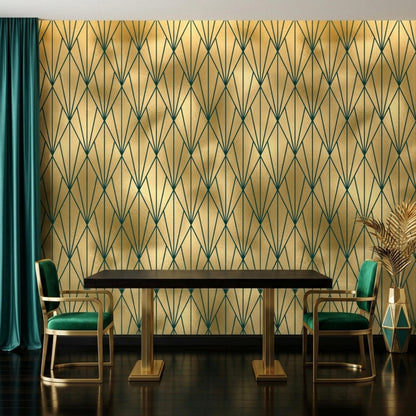 A dining room features a dark wood table with green velvet chairs set against gold and dark green art deco geometric wallpaper.
