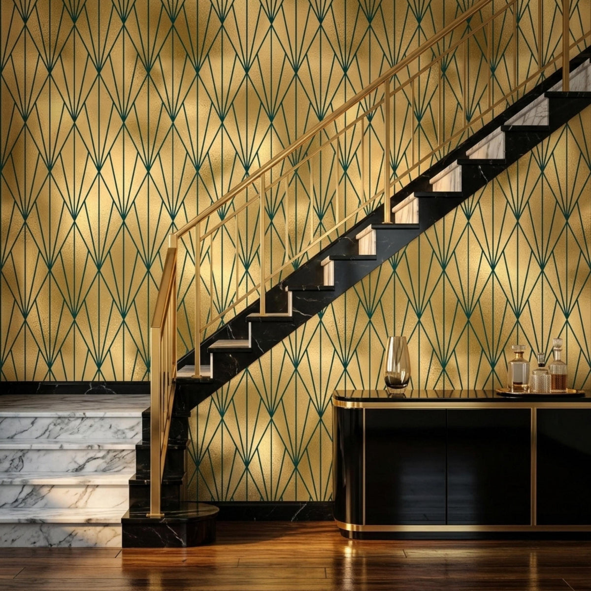A staircase with black marble treads and a gold railing ascends alongside a gold and dark green art deco geometric wallpaper accent wall.