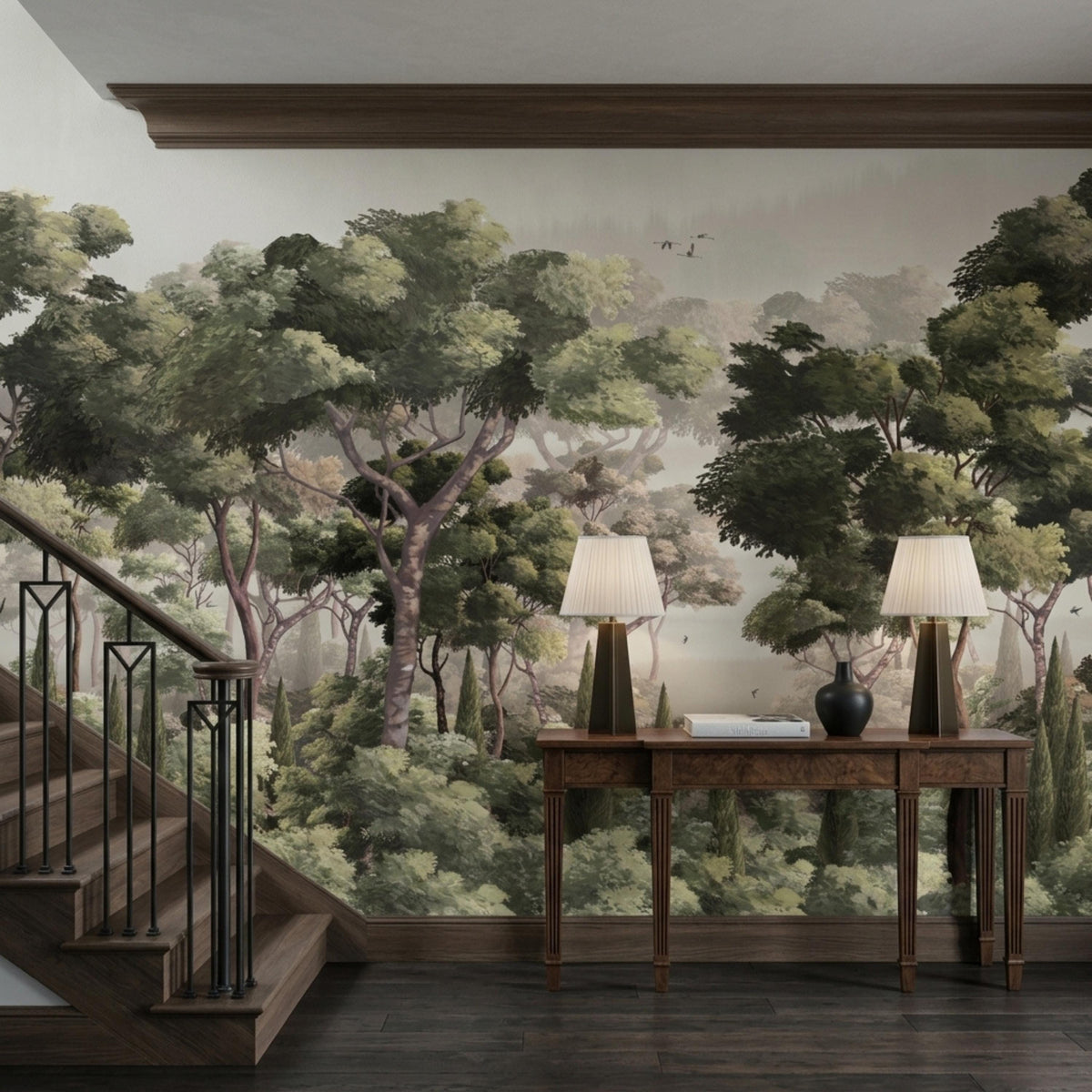 A hallway with stairs and a wooden console table set against a large forest wall mural.