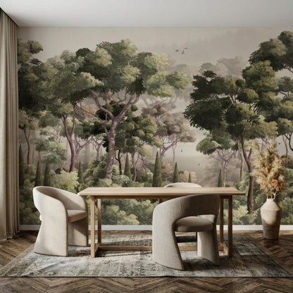 A dining area with a wooden table and curved chairs in front of a large fine art nature wallpaper.