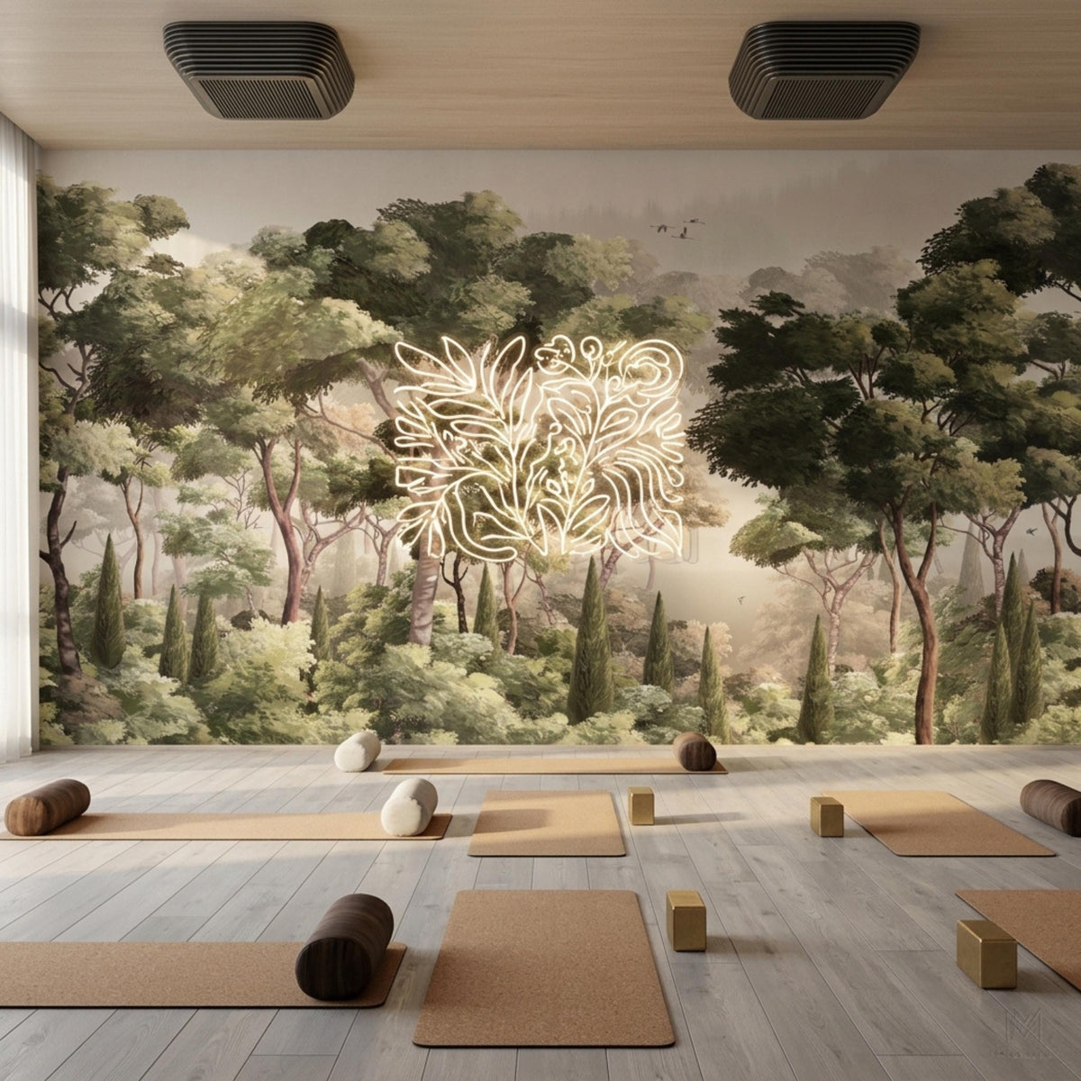 A yoga studio floor with mats, bolsters, and blocks in front of a vintage forest wallpaper with a glowing neon sign.
