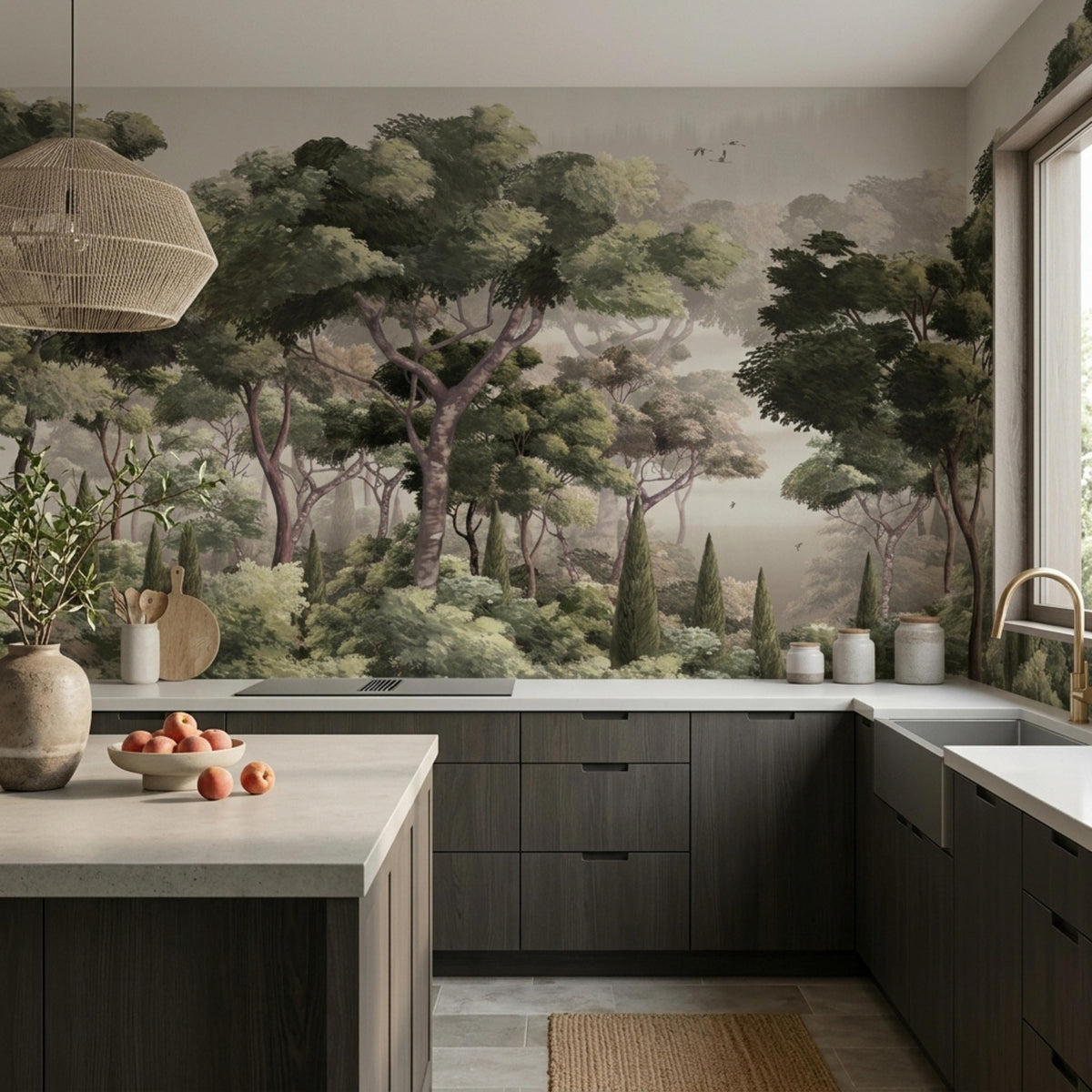 A kitchen wall features a vintage forest landscape wallpaper mural with muted green and dark trees, dark gray cabinets, a white countertop, and a bowl of fresh peaches.