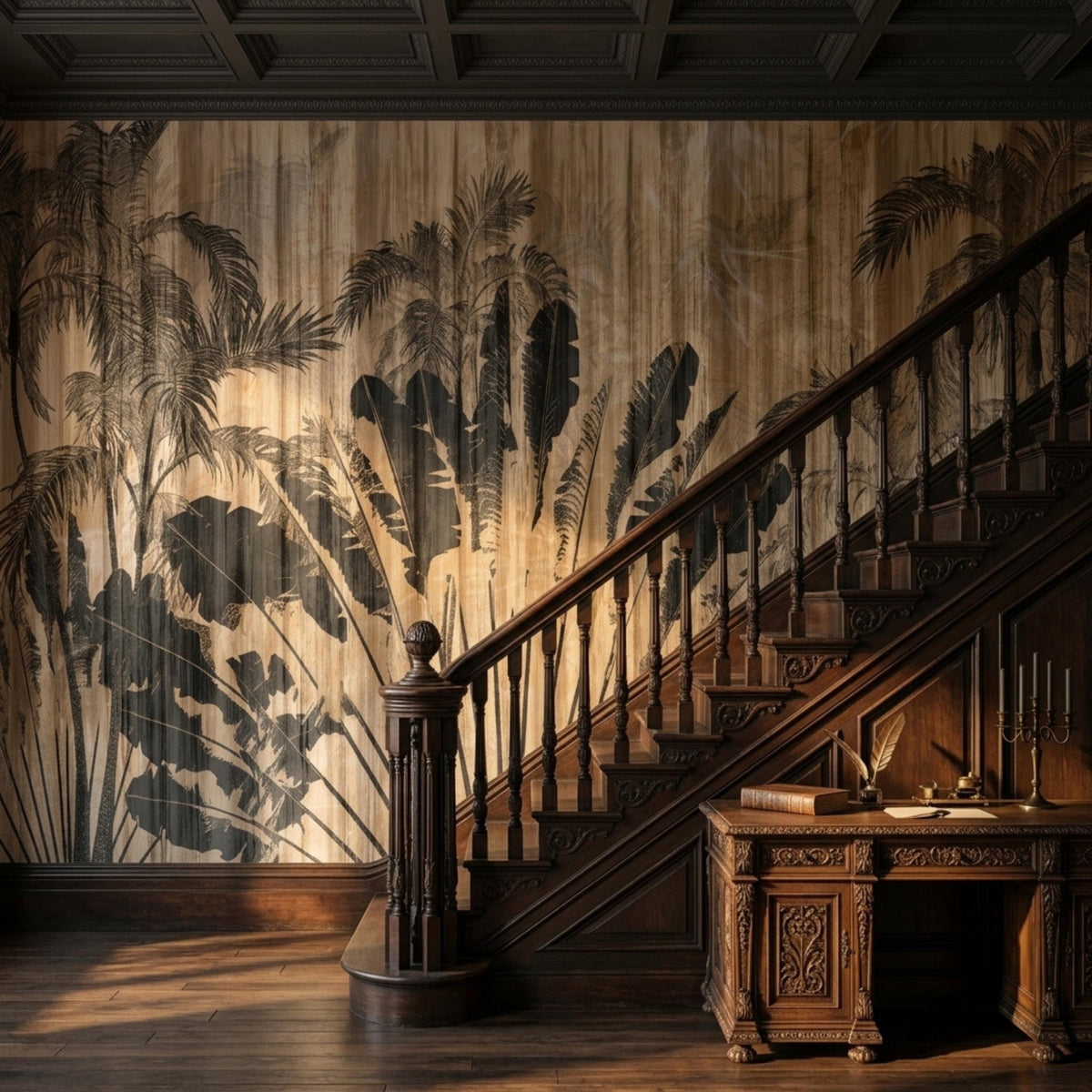 A dark wooden staircase and antique desk set against a wall with a tropical palm and wood grain mural.