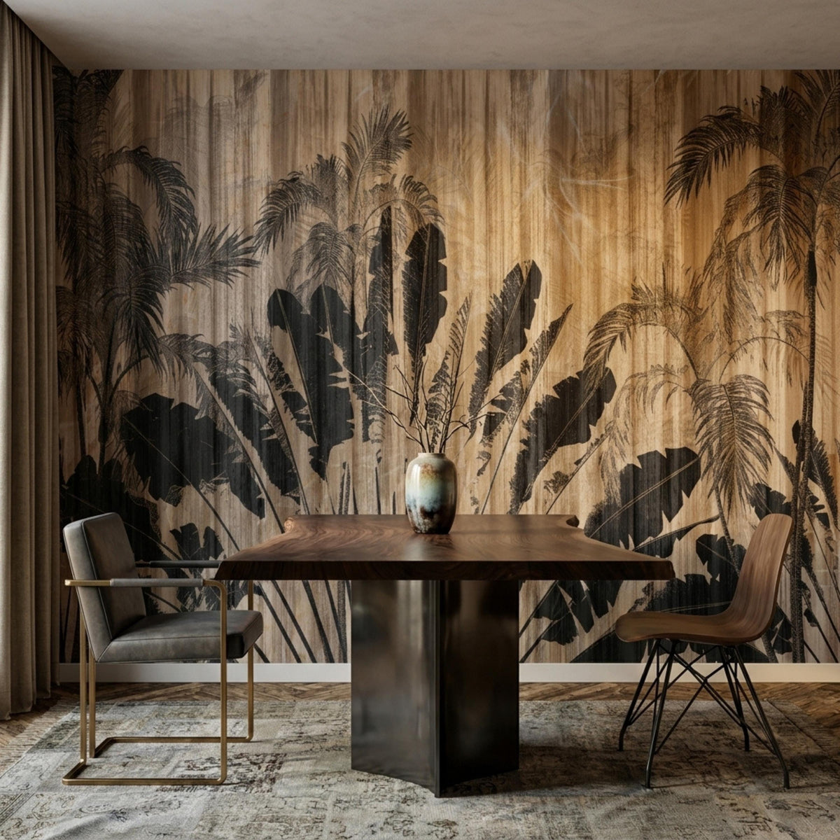 A dining table with two chairs positioned in front of a wall featuring a tropical palm and wood grain mural.