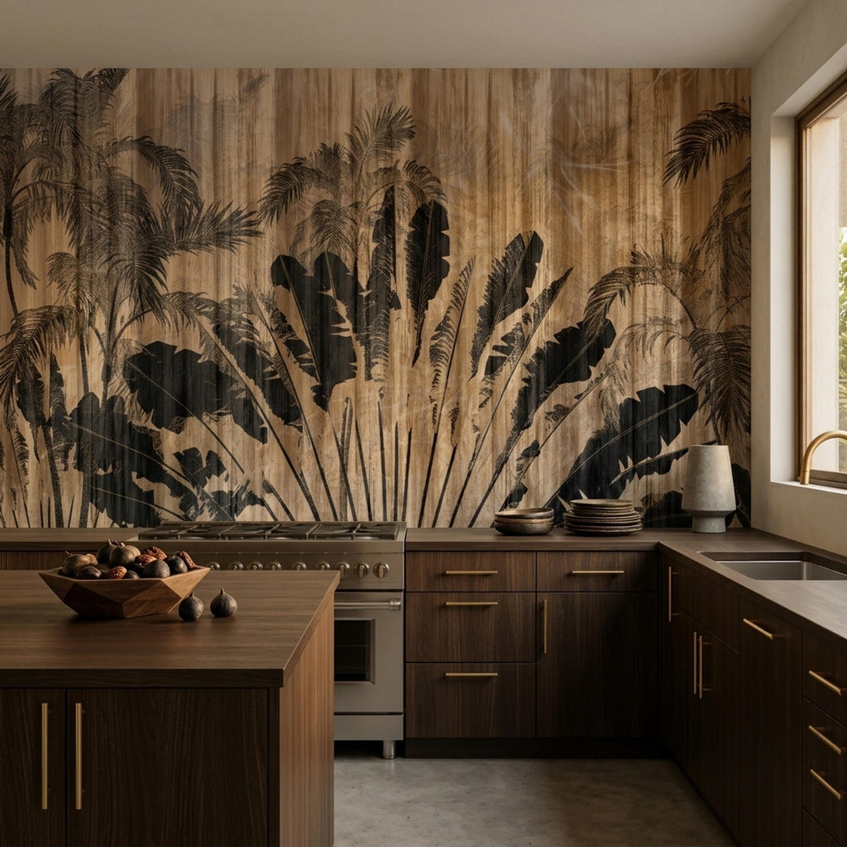 A modern kitchen with dark wooden cabinets and a tropical palm and wood grain accent wall behind the stove.