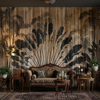 A vintage living room setup with a patterned sofa, end tables, and a tropical palm and wood grain wall mural.