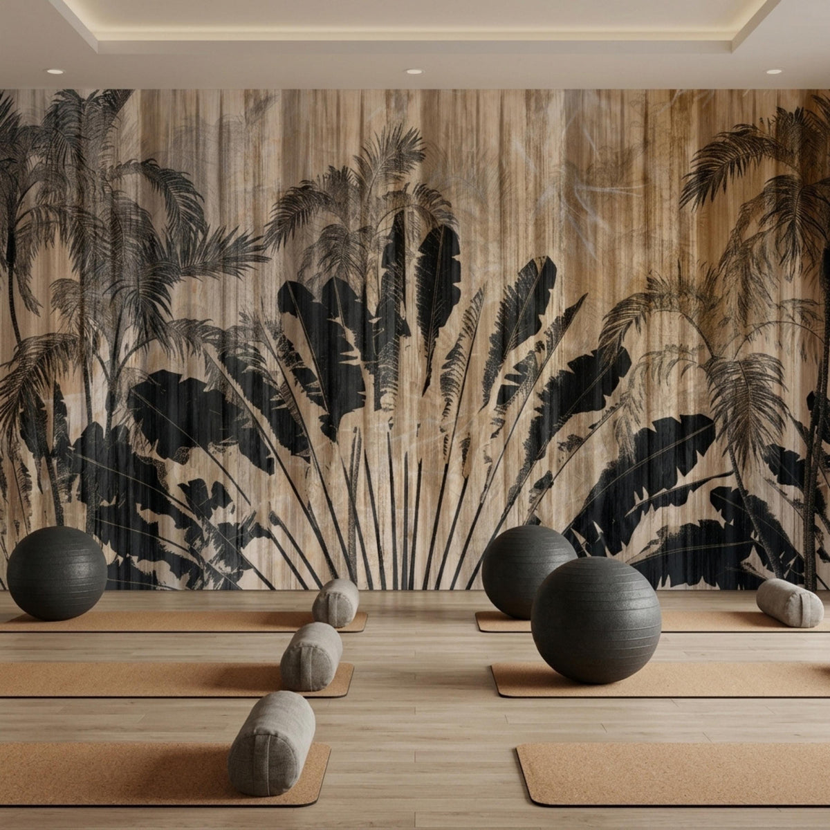A yoga studio floor with rolled mats, meditation bolsters, and stability balls in front of a tropical palm and wood grain wall.