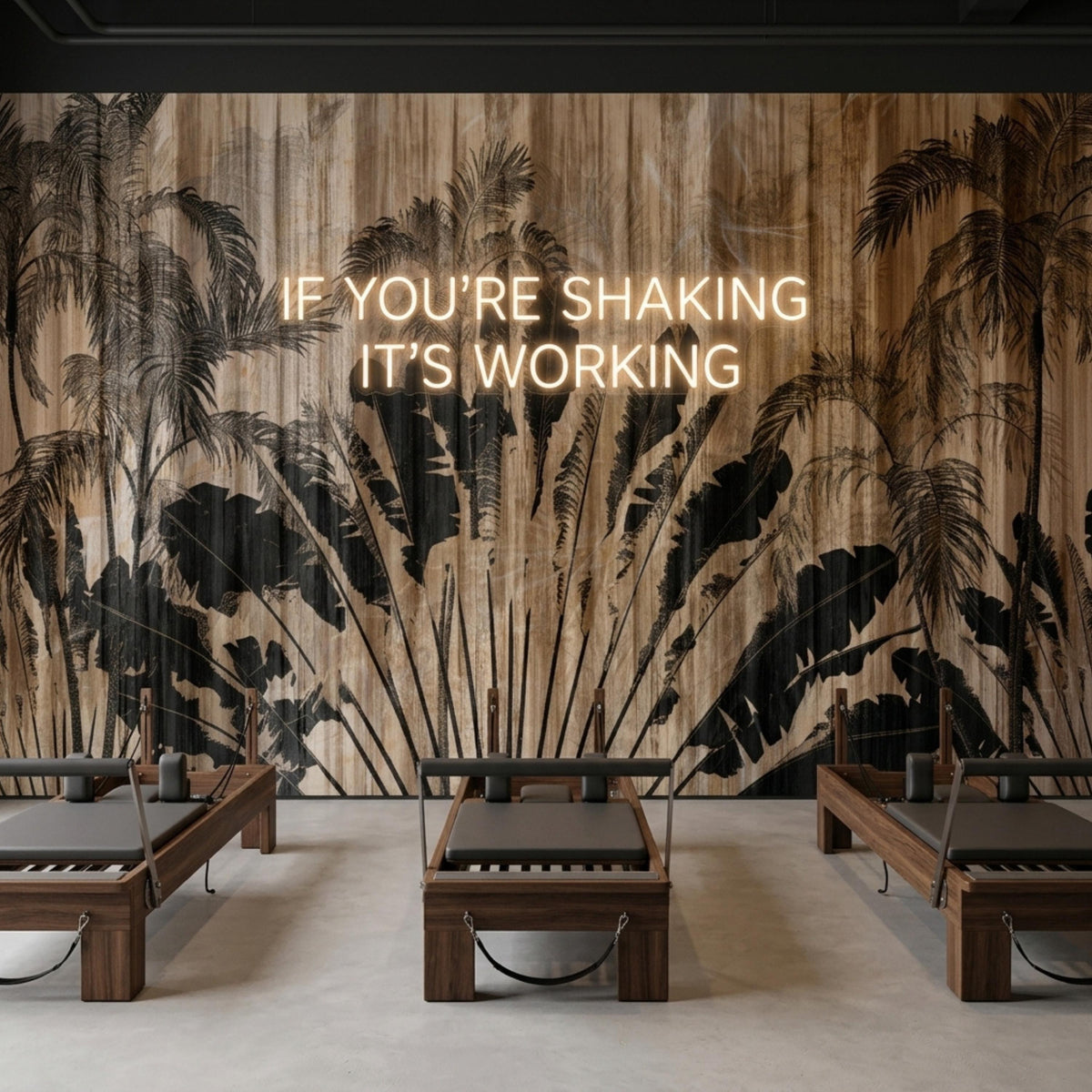 Three pilates reformers set up in a studio with a tropical palm and wood grain mural displaying glowing text.