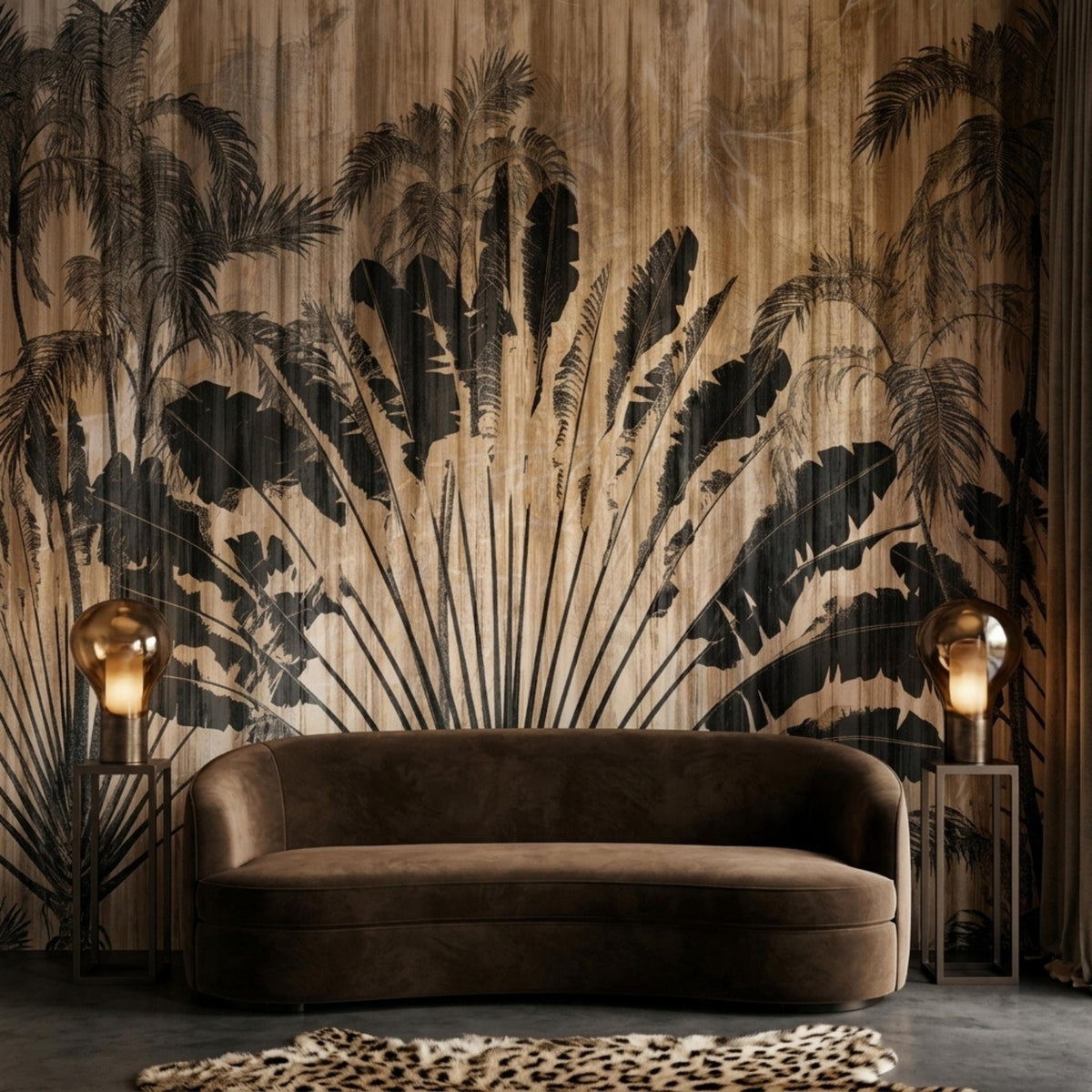 A brown velvet curved sofa sits in front of a wall mural featuring black palm tree silhouettes over a brown wood grain background.