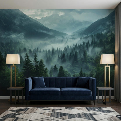 May include: A navy blue velvet sofa with two matching cushions sits before a wall mural depicting a misty mountain forest landscape. Two gold floor lamps with white rectangular shades stand on either side of the sofa on a geometric rug.